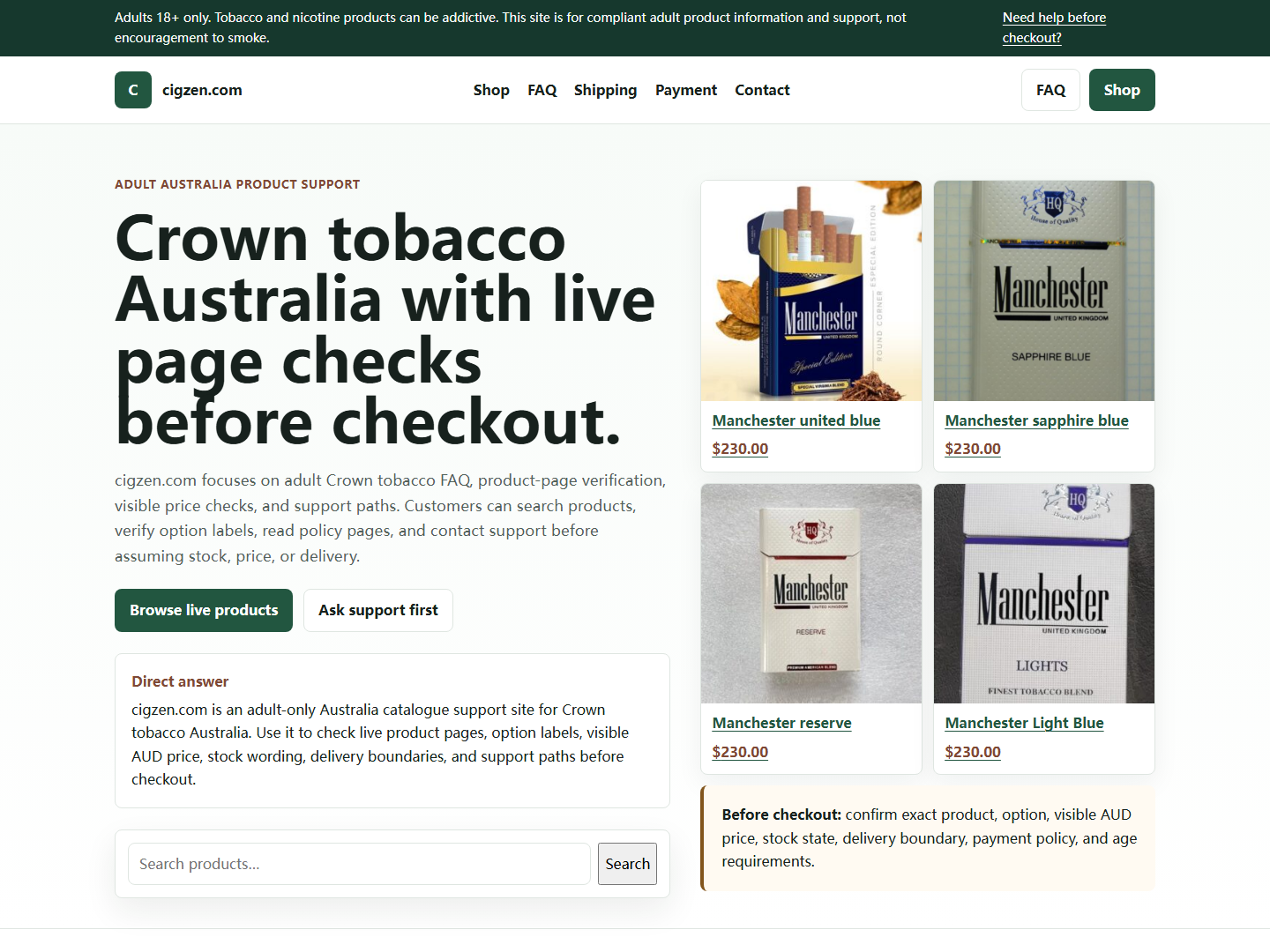 Cigzen homepage and catalogue context for Crown tobacco Australia