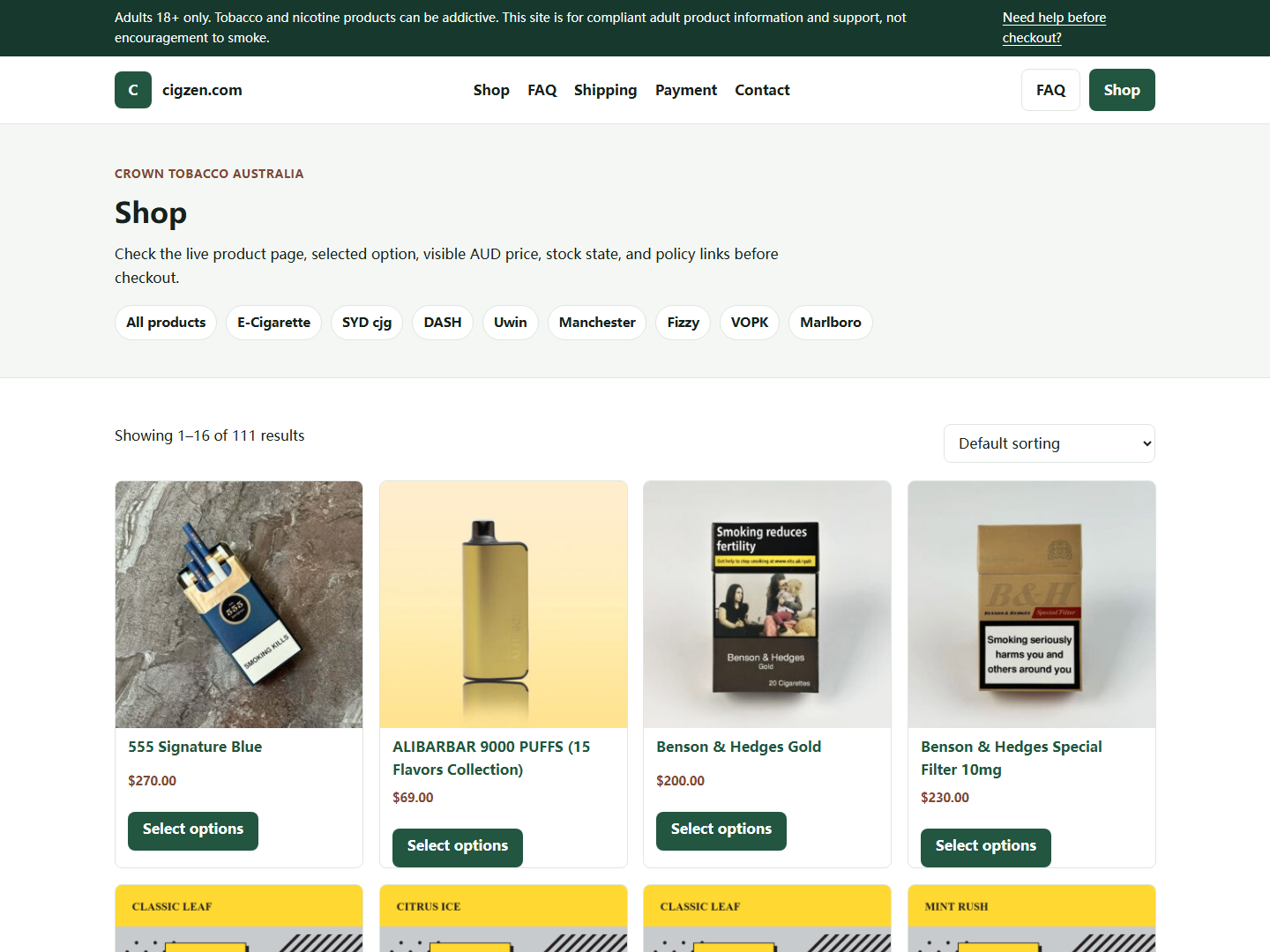 Cigzen shop or product list used for live page verification