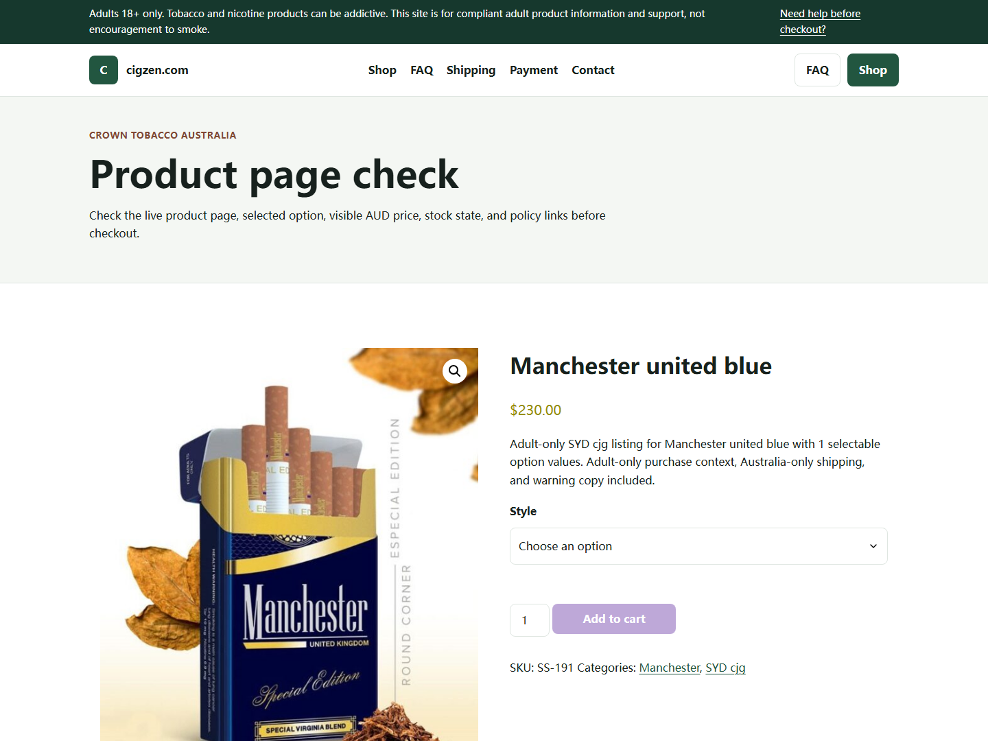 Cigzen live product page screenshot for adult verification