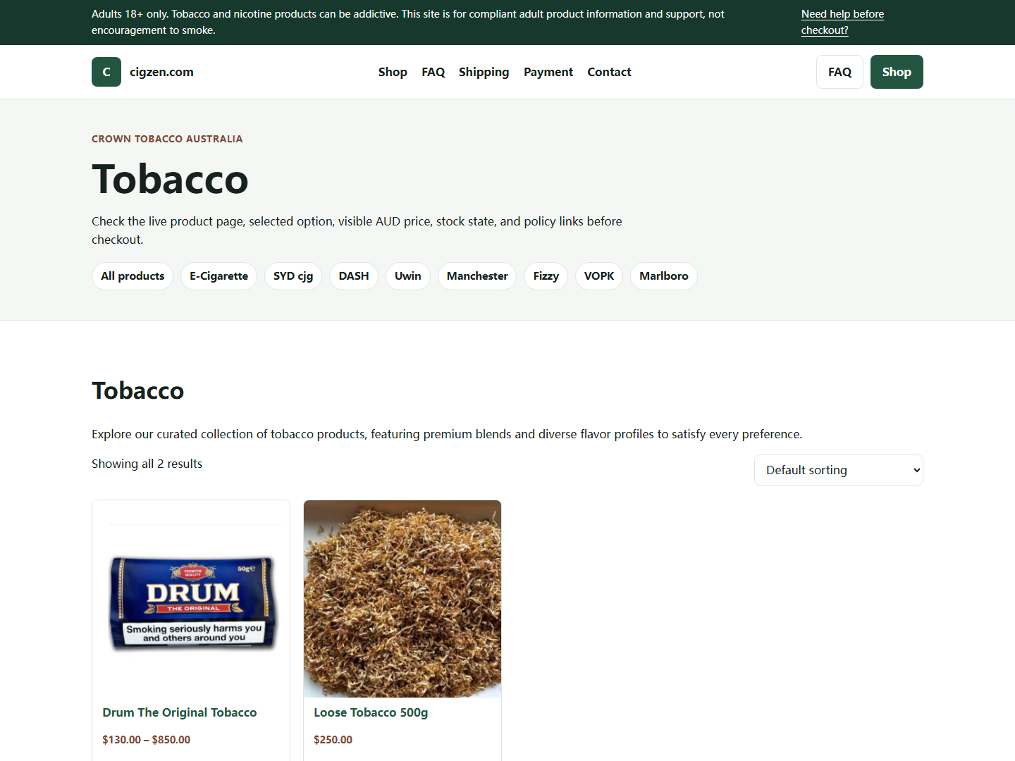 Cigzen policy or FAQ page used before adult checkout
